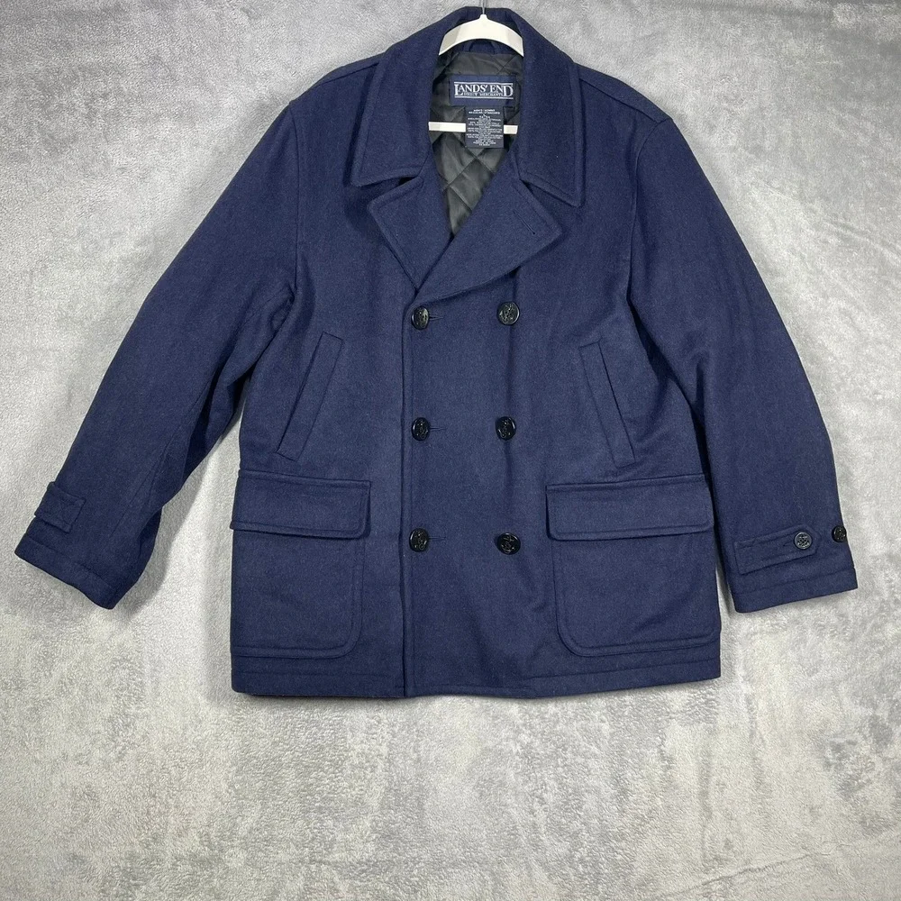 Lands End Mens Large 42-44 Wool Cashmere Peacoat Navy Insulated Vintage